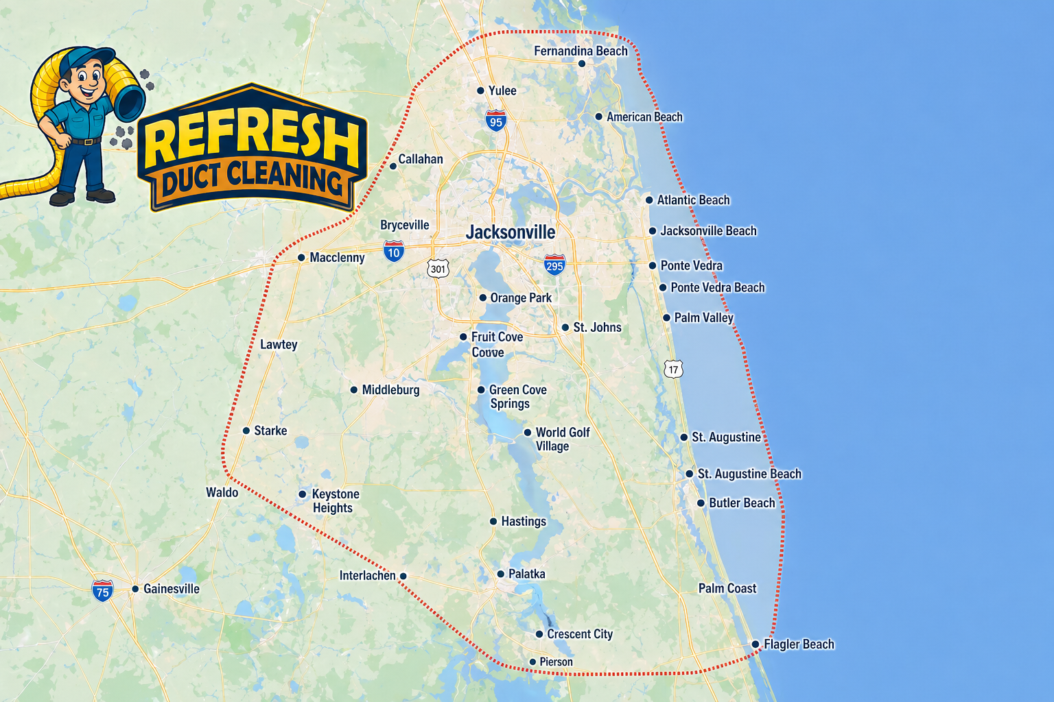 Map of a coastal area with a large outlined service region and “Refresh Duct Cleaning” logo in the corner