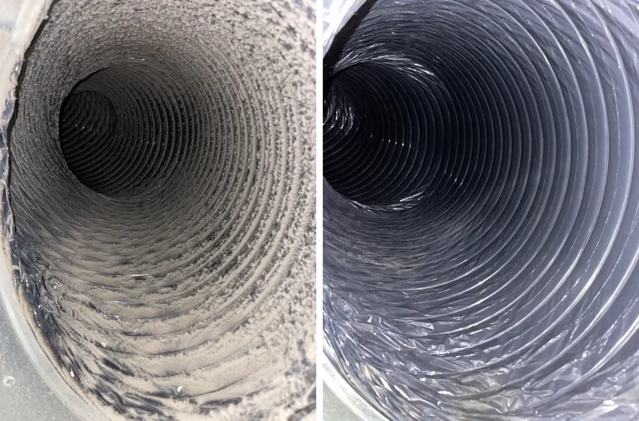 Side-by-side view down a dusty and a clean corrugated pipe interior