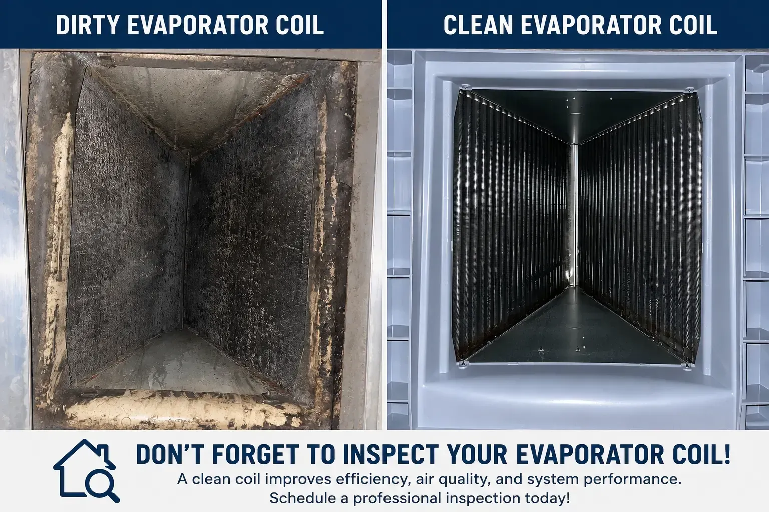 Dirty vs. clean evaporator coil comparison with a reminder to inspect your HVAC coil