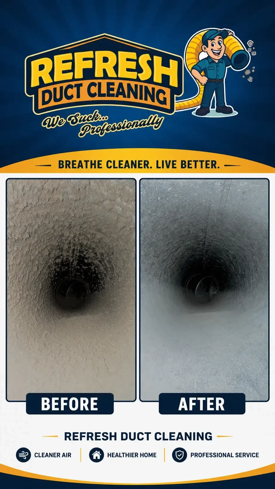 Refresh Duct Cleaning ad showing dirty vs clean vent, with logo and mascot on blue background