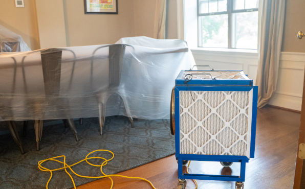 Blue dehumidifier beside plastic-covered furniture in a room with windows and cords on the floor