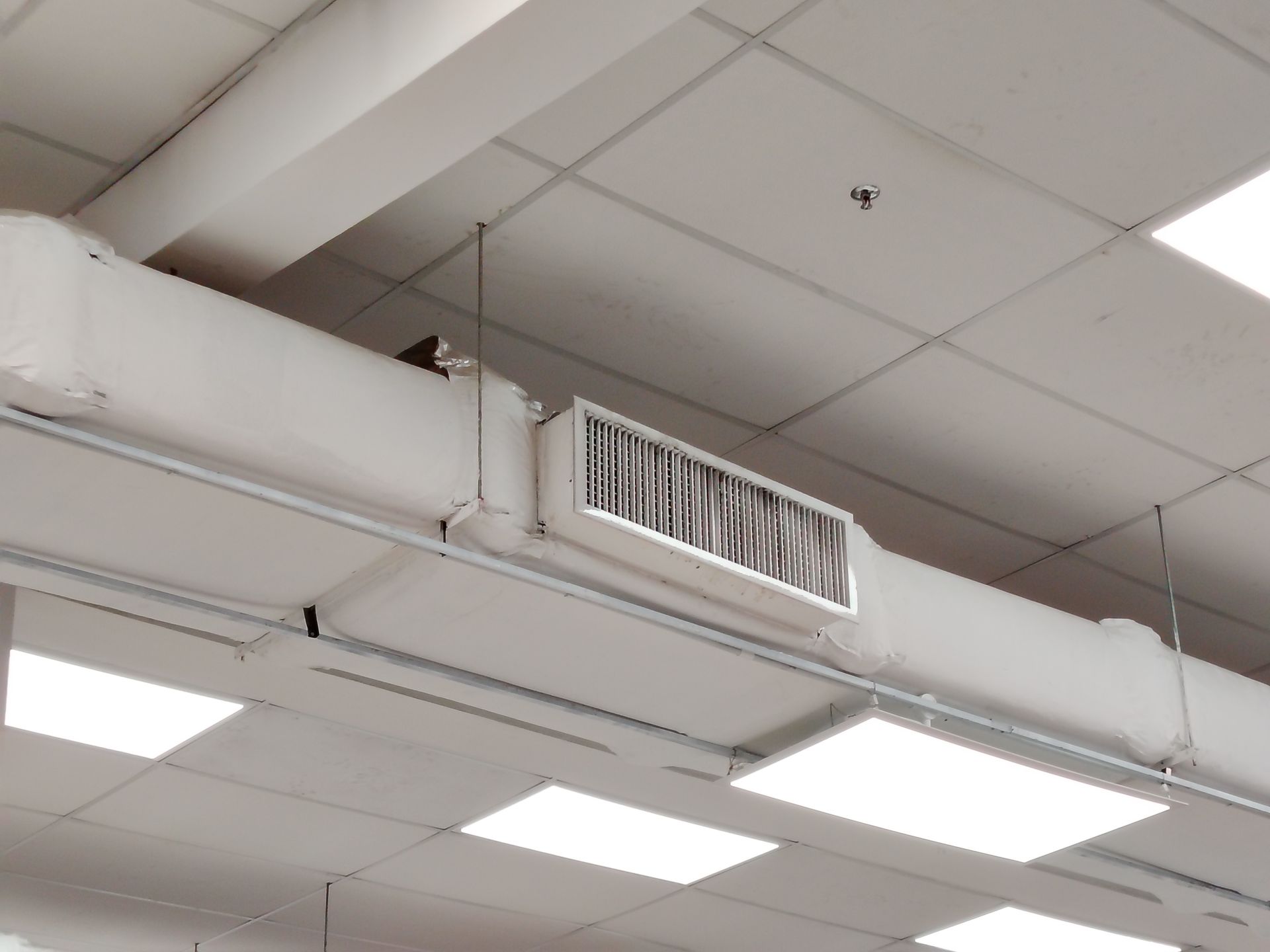 Ceiling with white tiles, fluorescent lights, and an HVAC vent in an indoor room