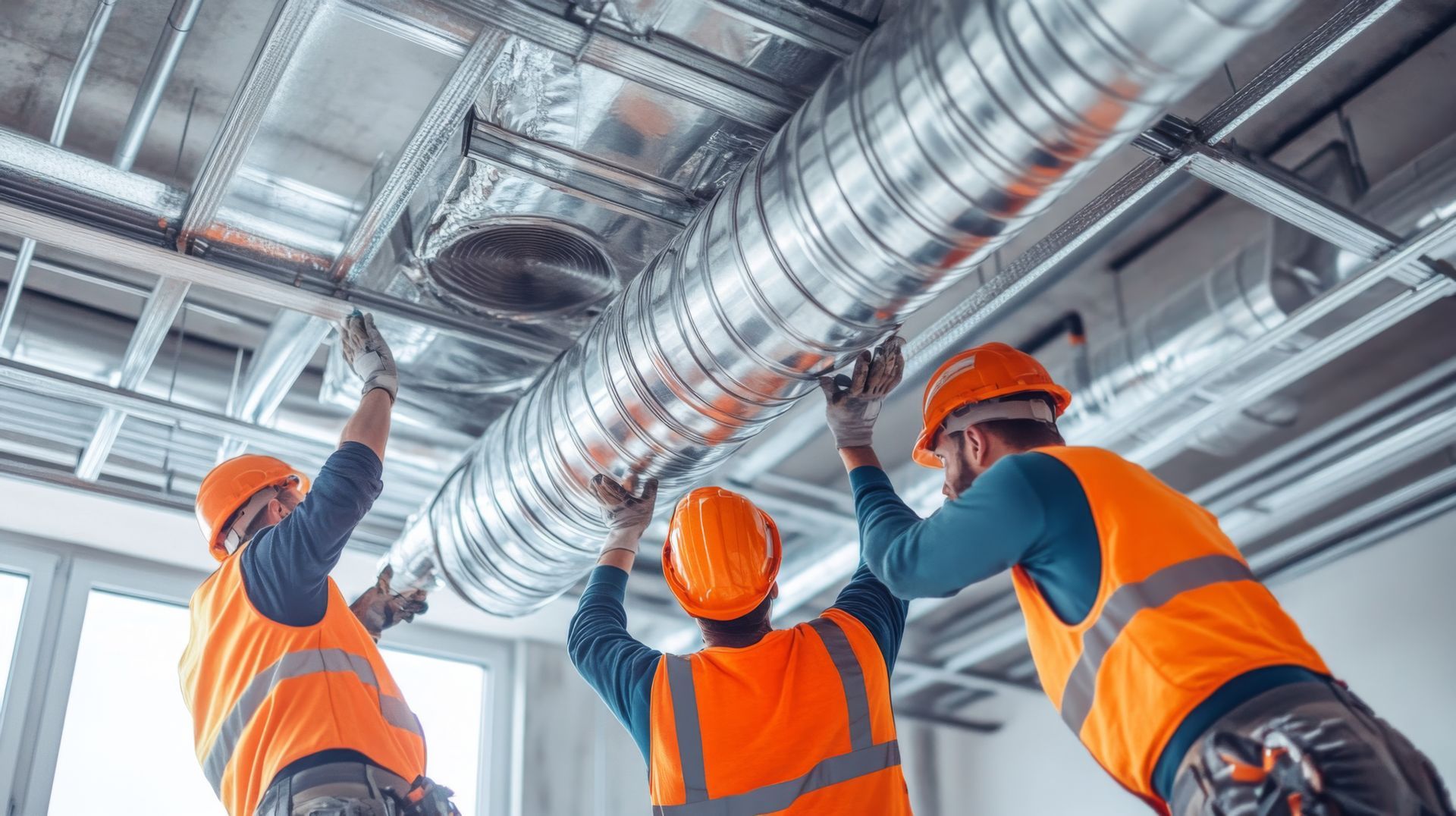 Three workers in orange safety gear inspect ductwork on a factory ceiling.