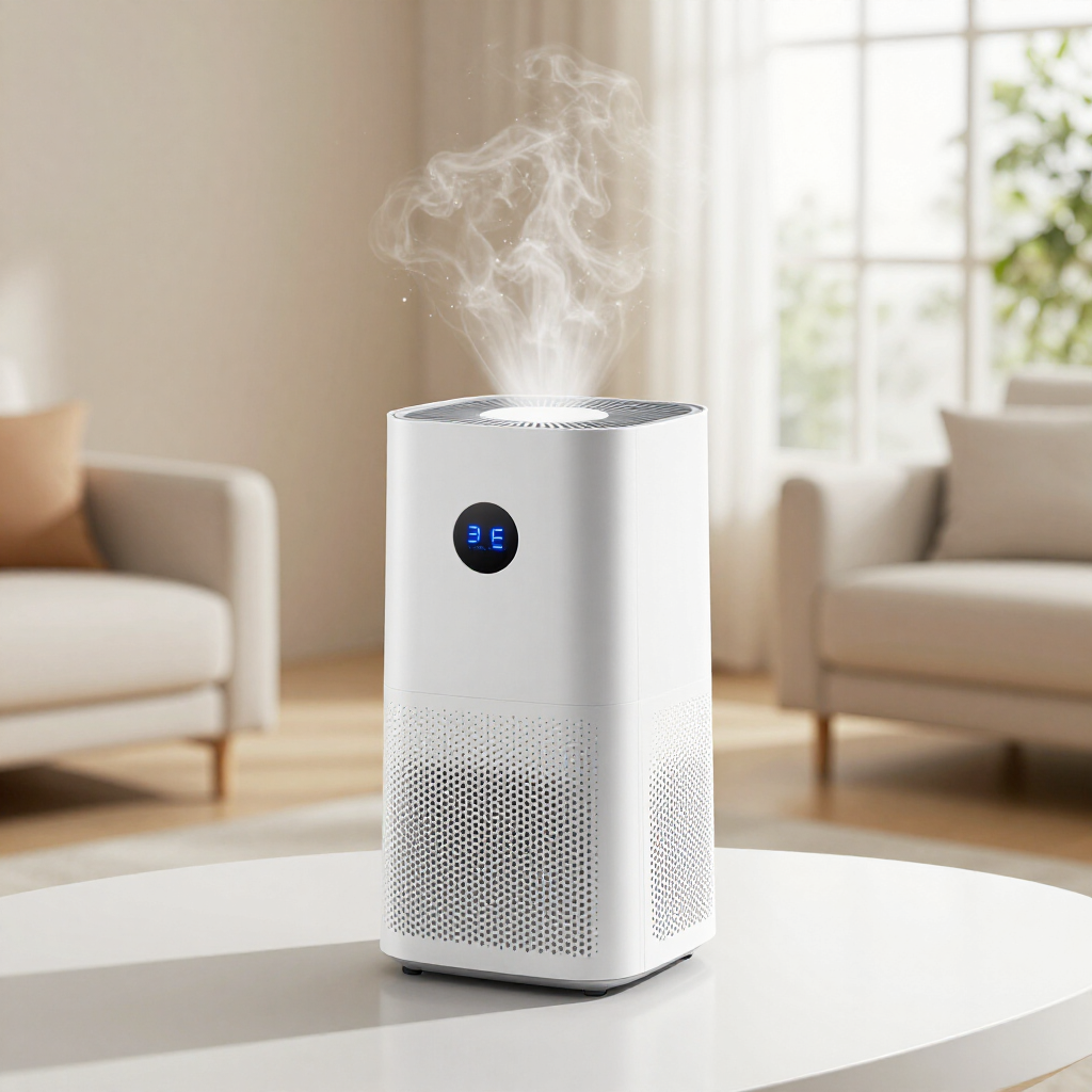 White air purifier humidifier with steam in a bright living room, shown on a table near sofas.