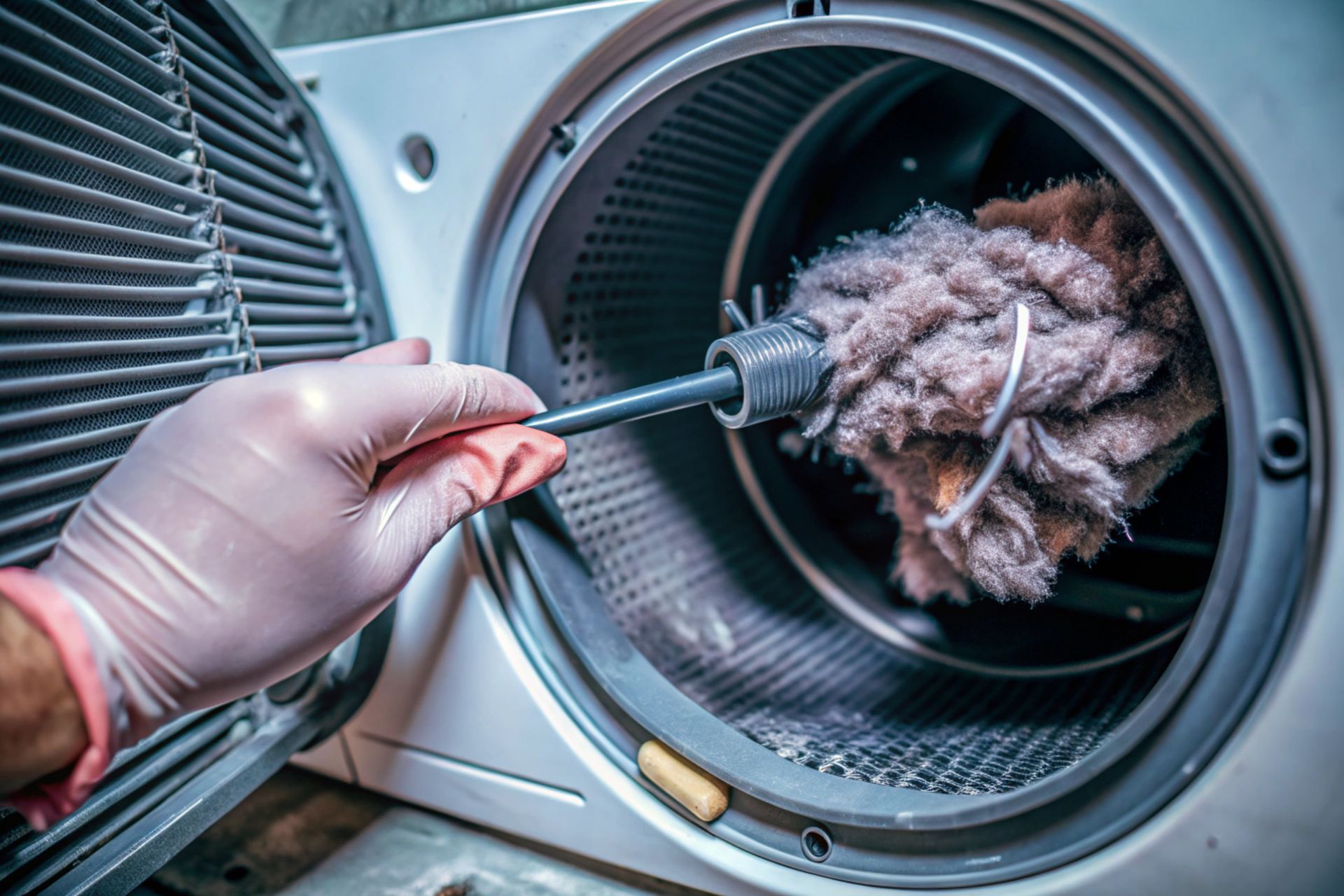 Gloved hand using a brush to clean lint from a clothes dryer drum