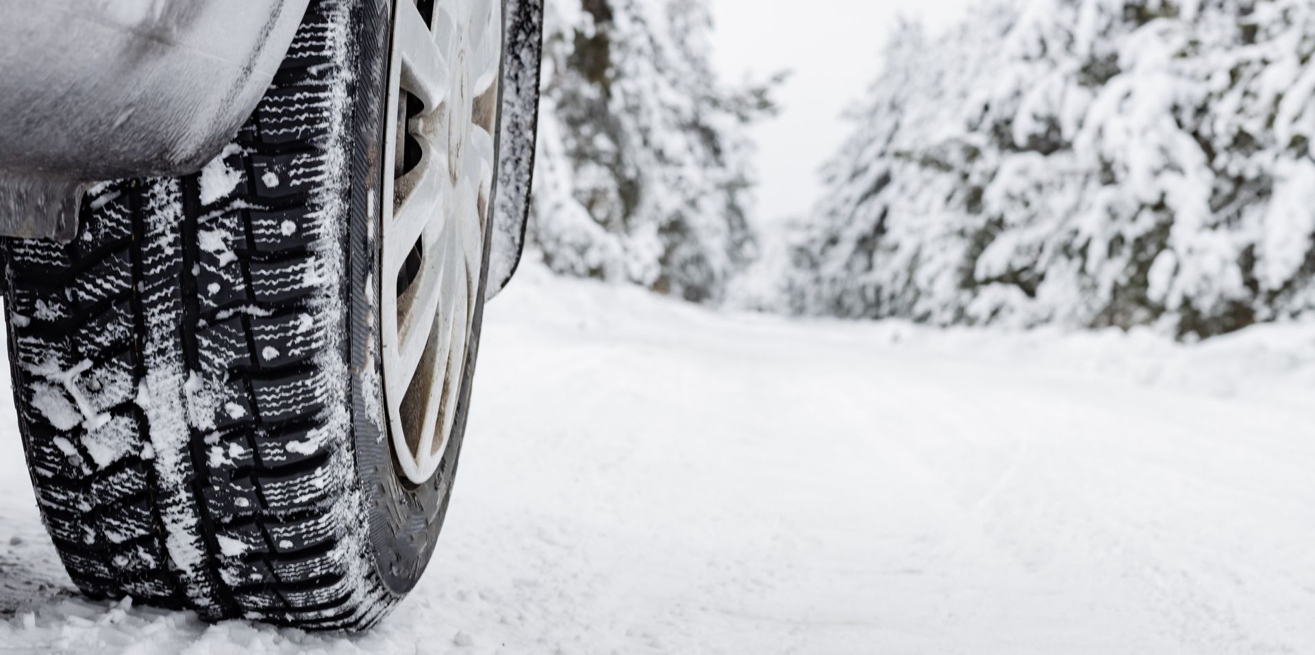 close up of car tire in snow