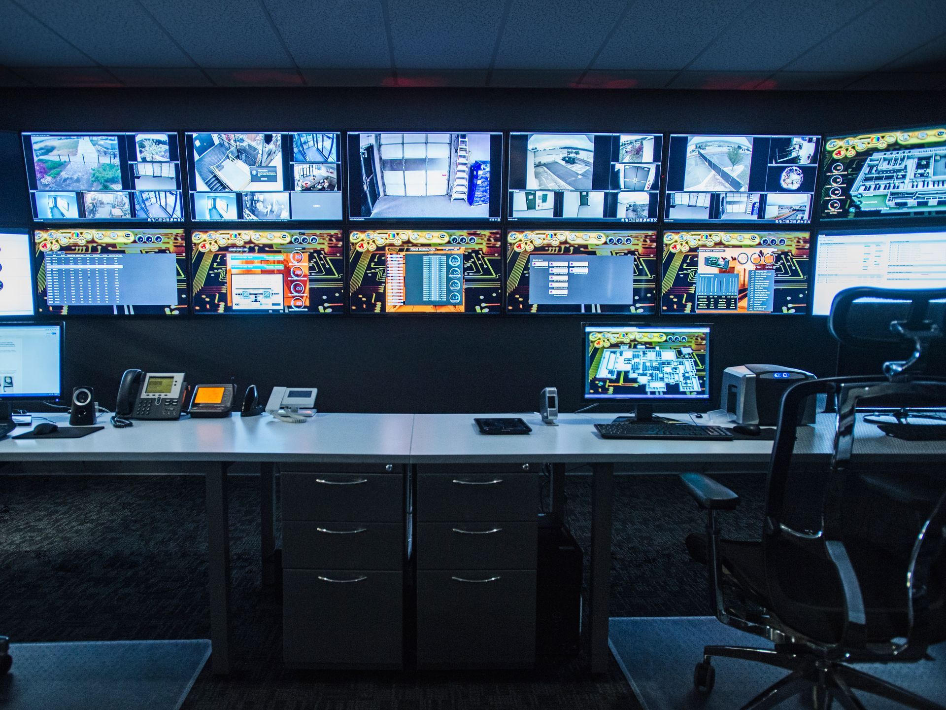 A control room with a lot of monitors on the wall