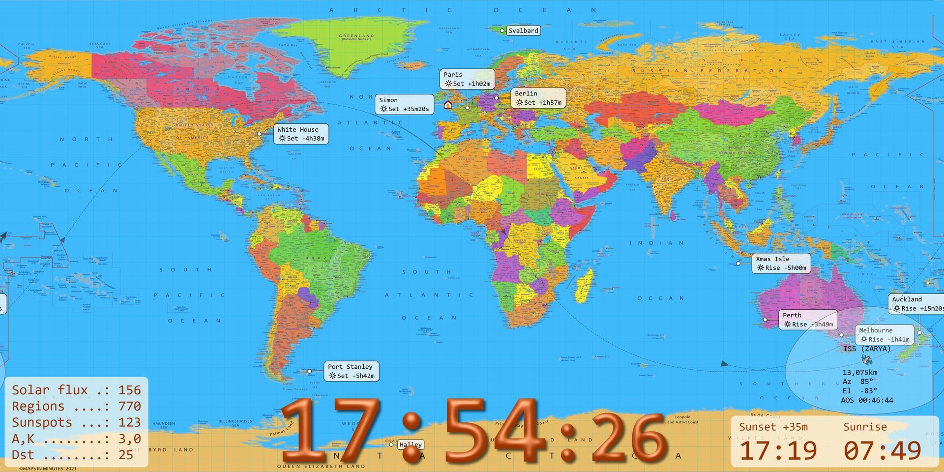 A map of the world with the time of 17:54