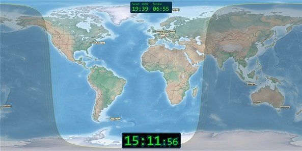 A map of the world with the time of 15:11
