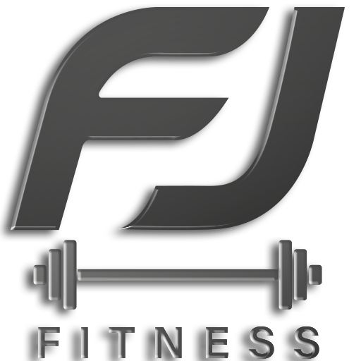 A logo for fj fitness with a dumbbell and a barbell FJ Fitness Personalized meal plan and workouts