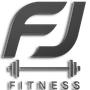 A logo for fj fitness with a dumbbell and a barbell FJ Fitness Personalized meal plan and workouts