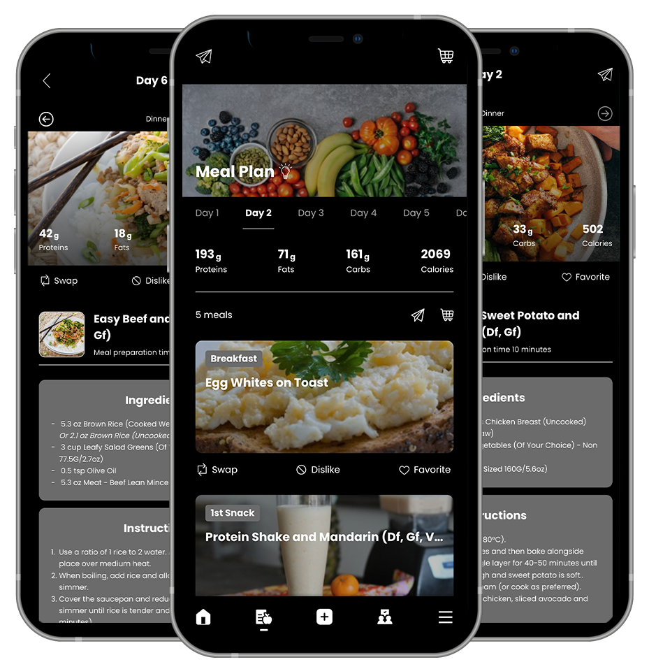 Three phones are displaying different recipes on their screens. FJ Fitness Personalized meal plan and workouts