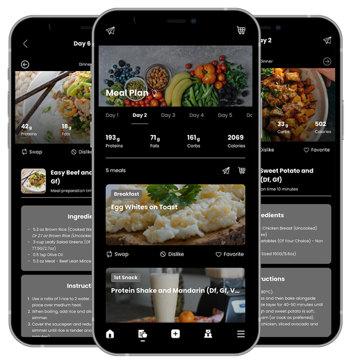 Three phones are displaying different recipes on their screens. FJ Fitness Personalized meal plan and workouts