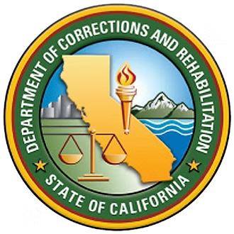 Seal of the California Department of Corrections and Rehabilitation featuring a map of California, a torch, and a scale.