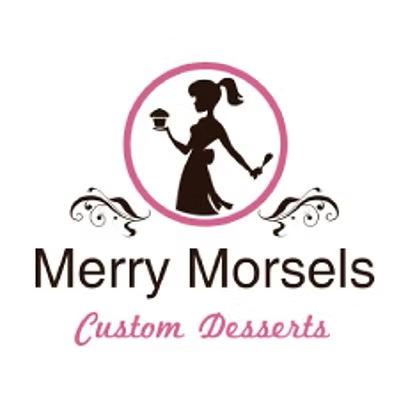 Logo for Merry Morsels Custom Desserts showing a silhouette of a baker holding a cupcake inside a pink circle.