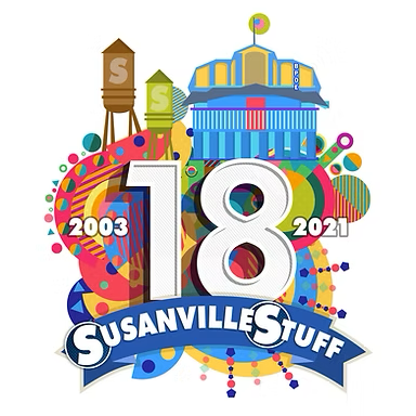 A SusanvilleStuff 18-year anniversary logo featuring stylized town landmarks, the years 2003–2021, and colorful graphics.