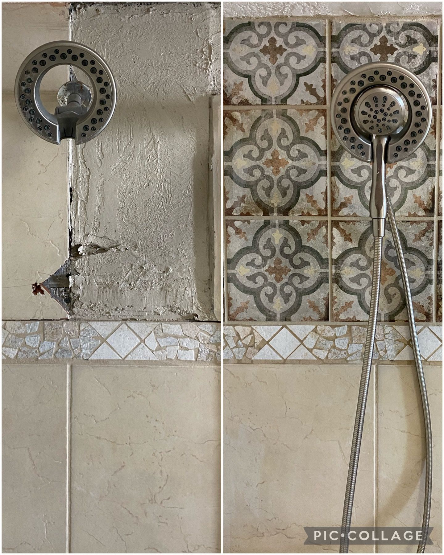 Shower head installation: old wall exposed, new tile design installed, silver shower head in the center.