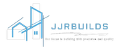 JJRBUILDS logo: abstract blue building design with text "JJRBUILDS" and tagline "Our focus is building with precision and quality".