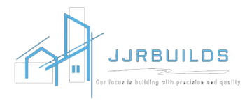 JJRBUILDS logo: abstract blue building design with text "JJRBUILDS" and tagline "Our focus is building with precision and quality".