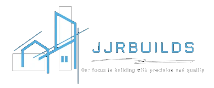 JJRBUILDS logo: abstract blue building design with text