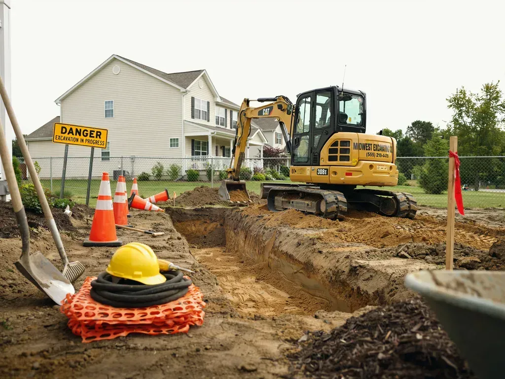 Construction site with excavator digging a trench beside a house, cones, and a hard hat on coiled hose.