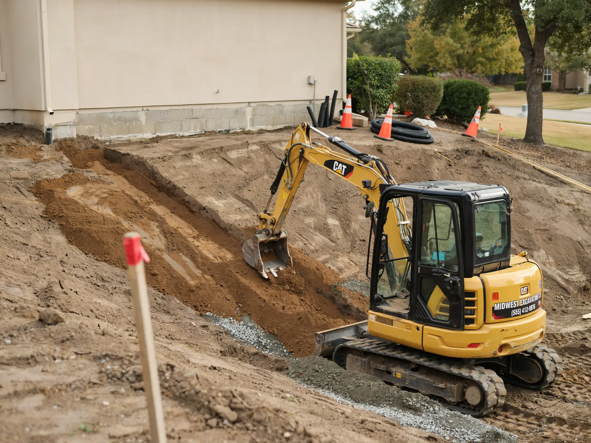 Yellow excavator digging a trench beside a beige house on a construction site