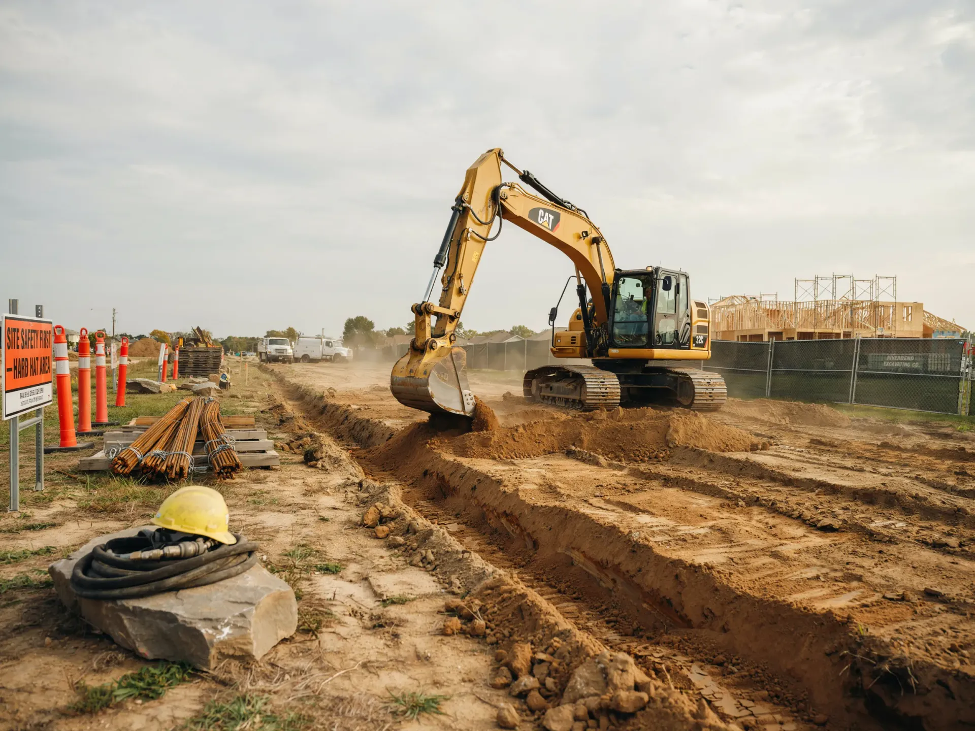 Excavator digging a trench along a dirt road at a construction site, with barriers and equipment nearby