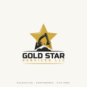 Gold star logo for Gold Star Services LLC with black excavator and small tagline on beige background