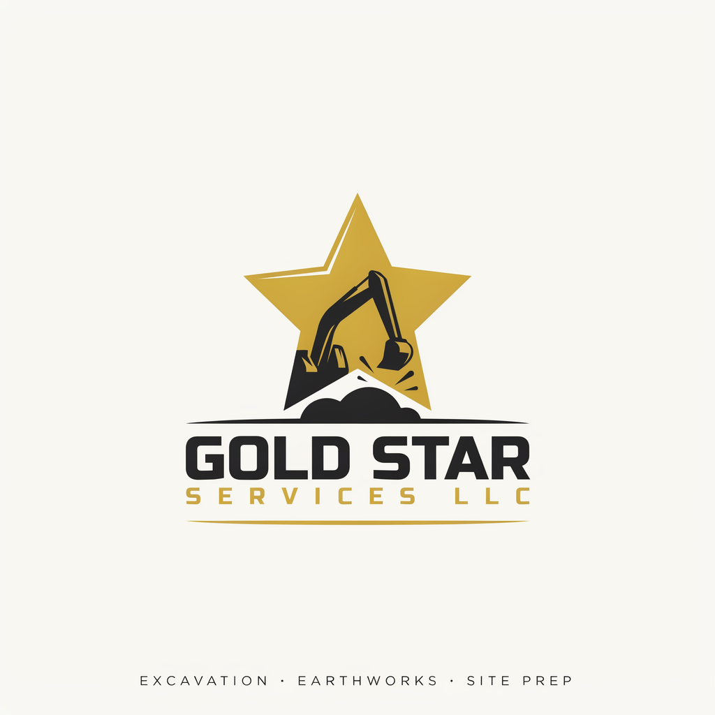 Gold star logo for Gold Star Services LLC with black excavator and small tagline on beige background