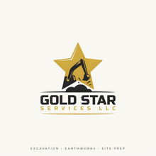 Gold star logo for Gold Star Services LLC with black excavator and small tagline on beige background