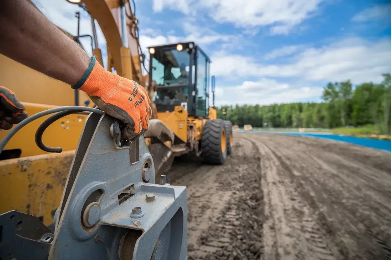 Worker in orange gloves operating a road roller on a dirt construction site under a blue sky