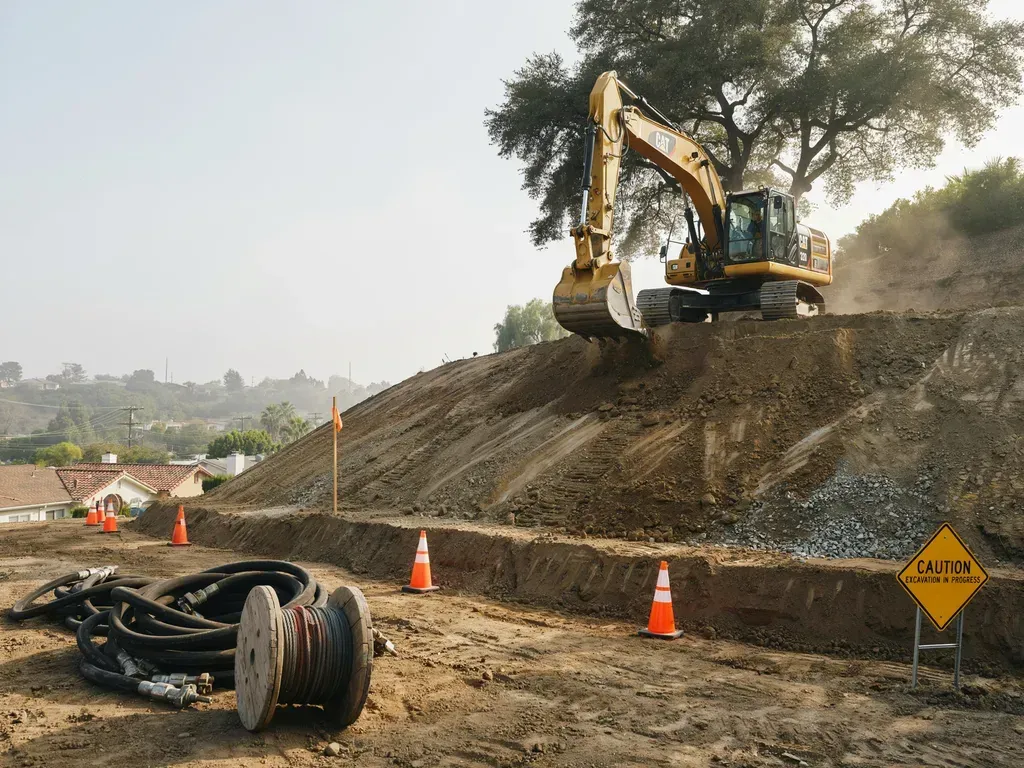 Excavator grading a dirt slope near an overturned car and orange cones at a roadwork site