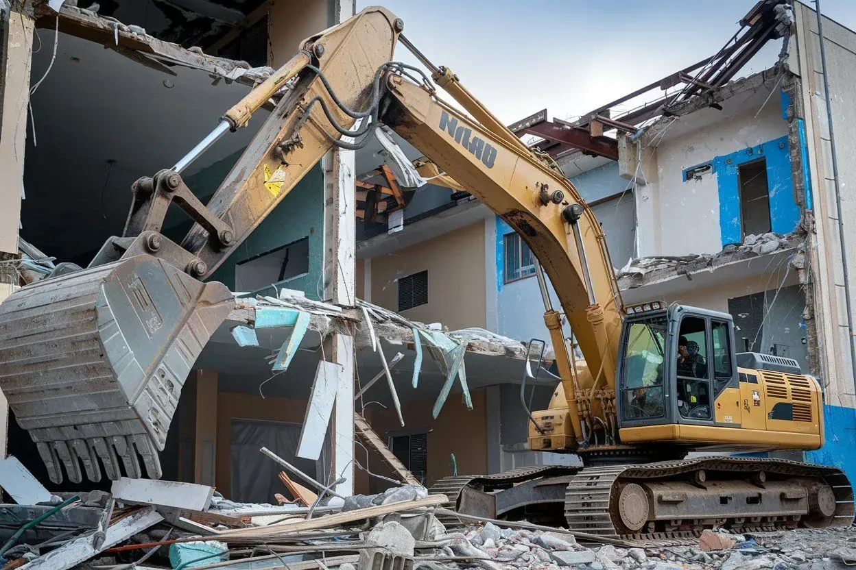 Excavator demolishing a damaged building, with rubble and broken walls around it.