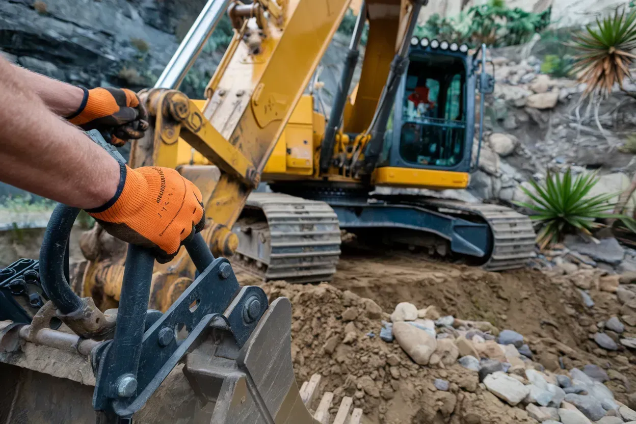 Worker with orange gloves using an excavator bucket to move dirt and rocks at a rocky construction site
