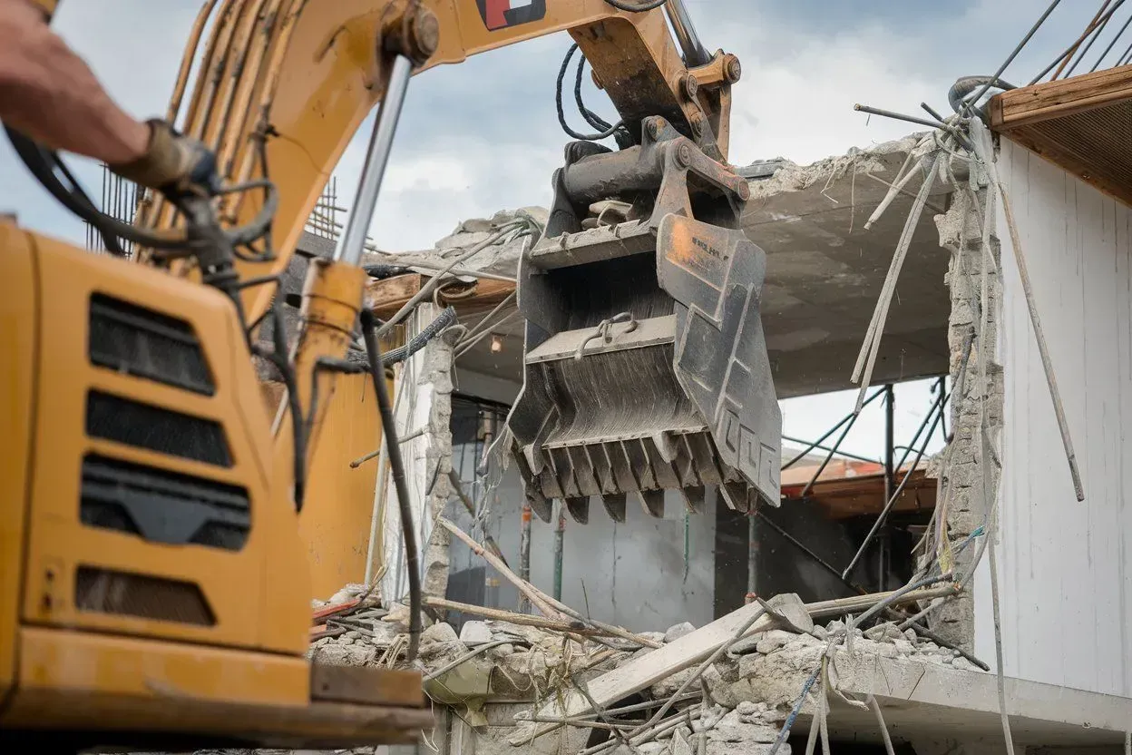 Excavator demolishing a concrete building, with rubble and debris falling from the structure.