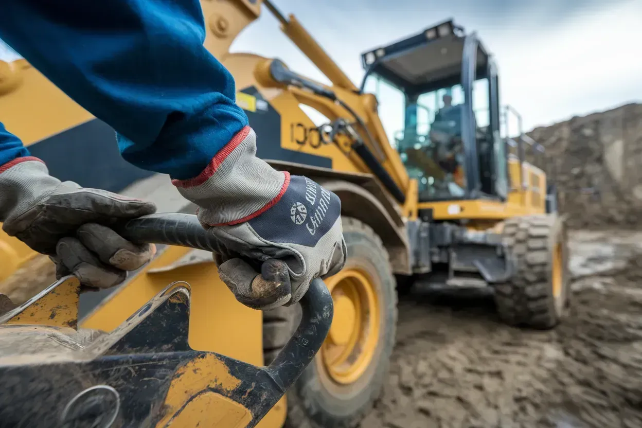Gloved hand holding a construction machine part near a yellow bulldozer on a muddy site
