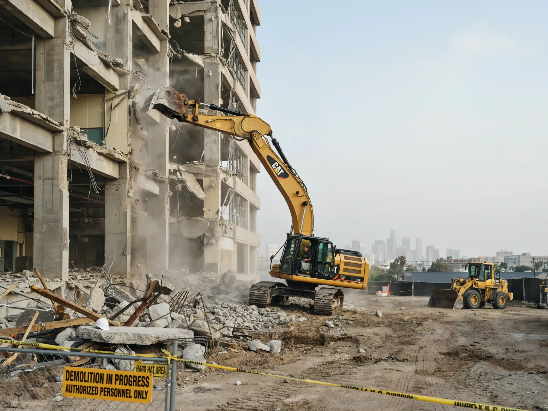 Demolition excavator tearing down a damaged building amid rubble and dust