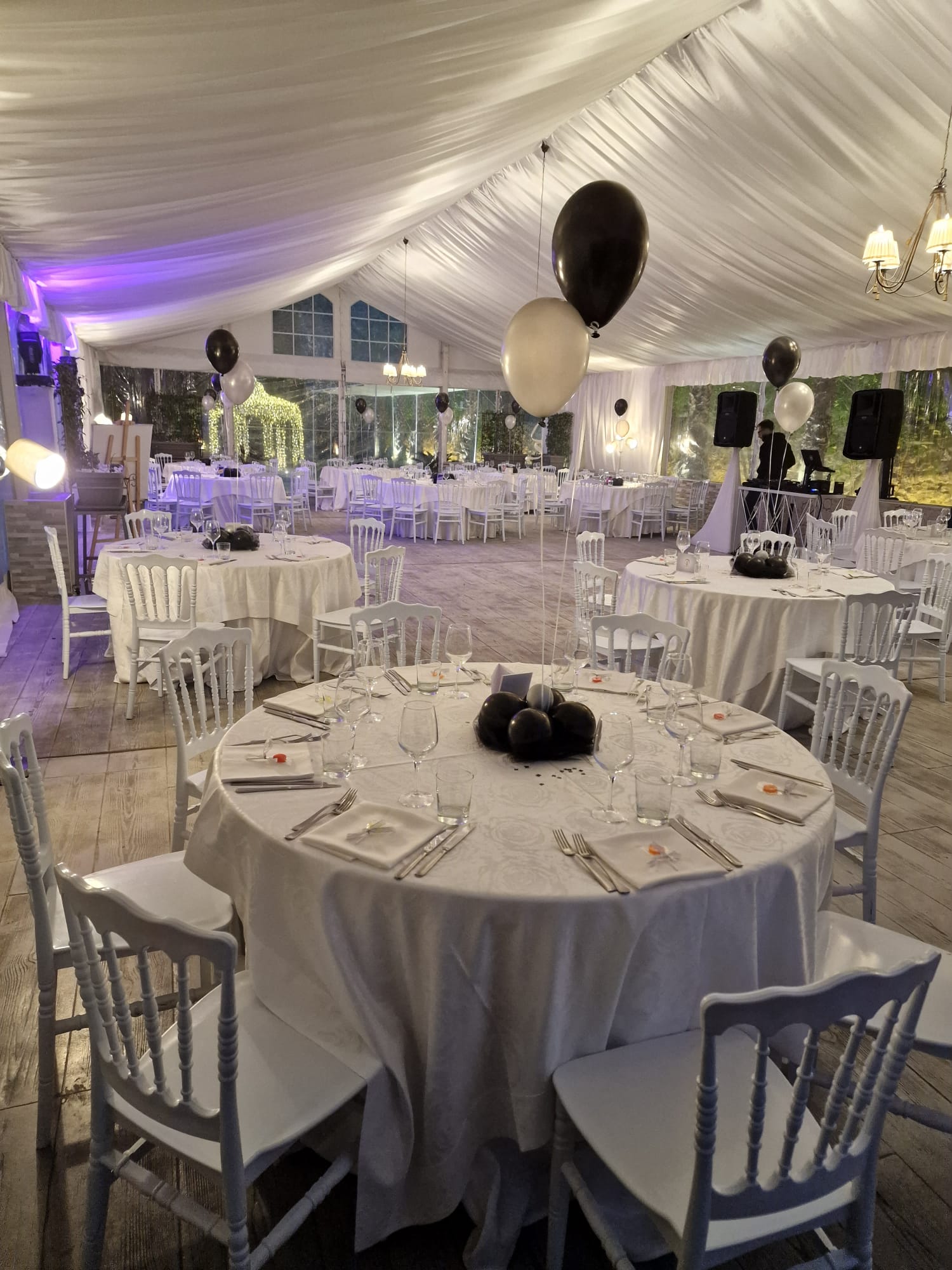 grande stanza con tavoli e sedie allestita per una festa