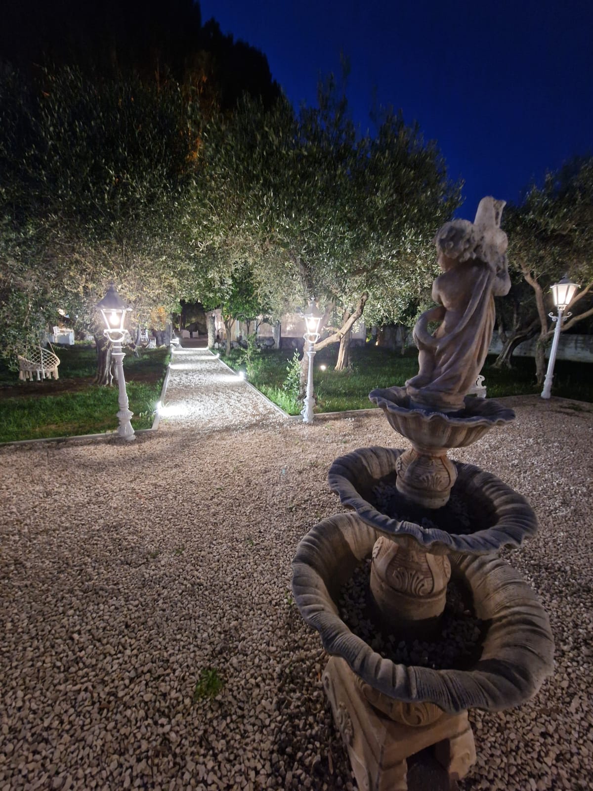fontana con una statua al centro è illuminata di notte