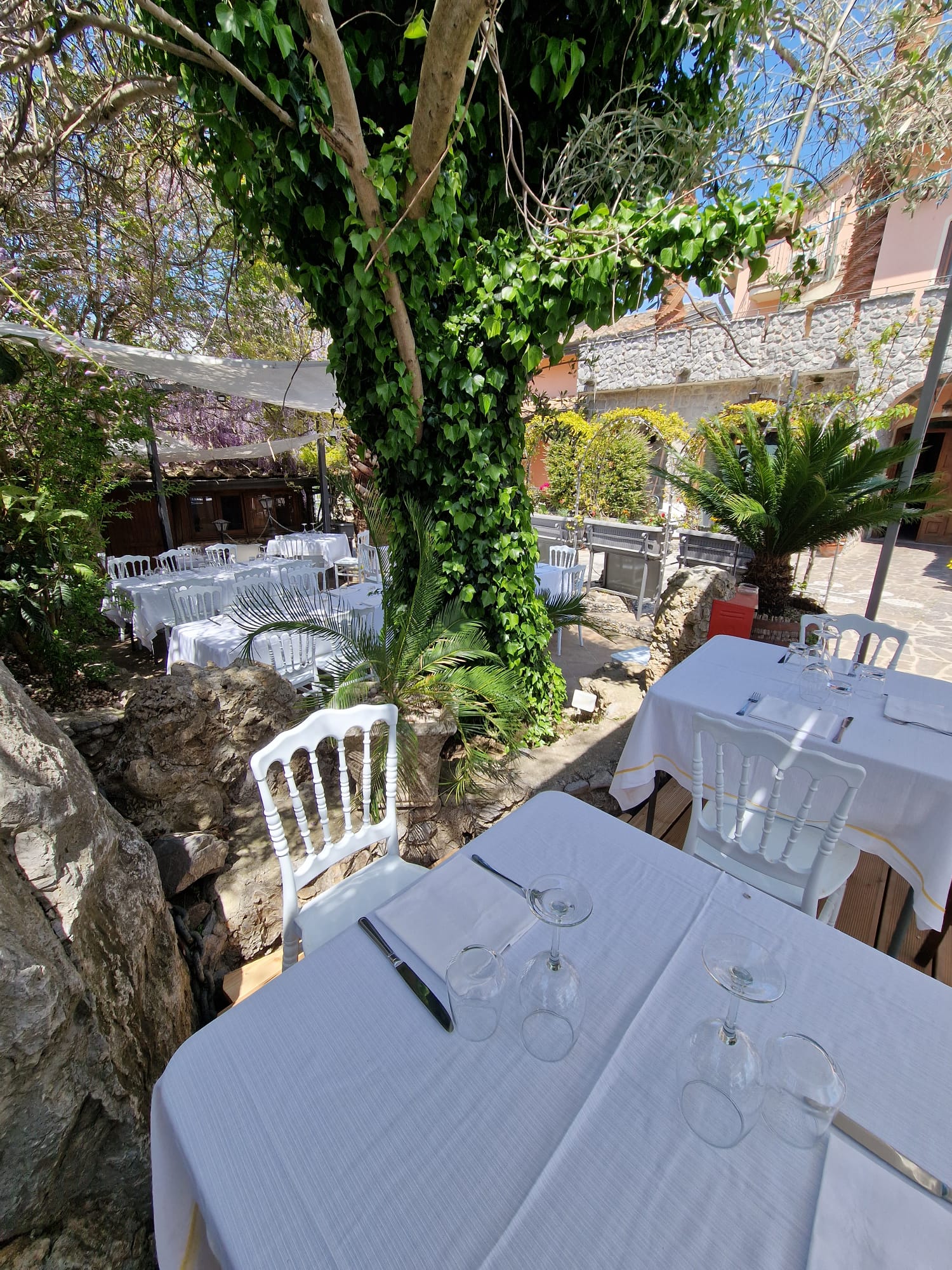 ristorante con tavoli e sedie allestiti in un giardino