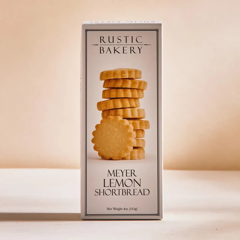 Box of Rustic Bakery Meyer Lemon Shortbread cookies, stacked in a column.
