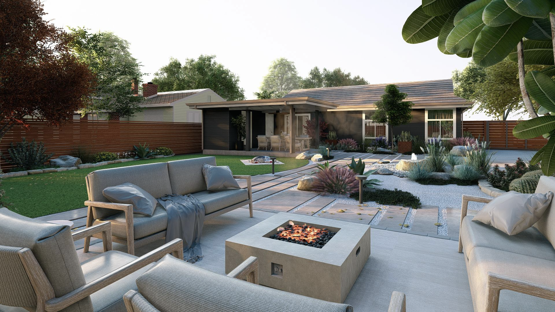 There is a fire pit in the middle of the patio.