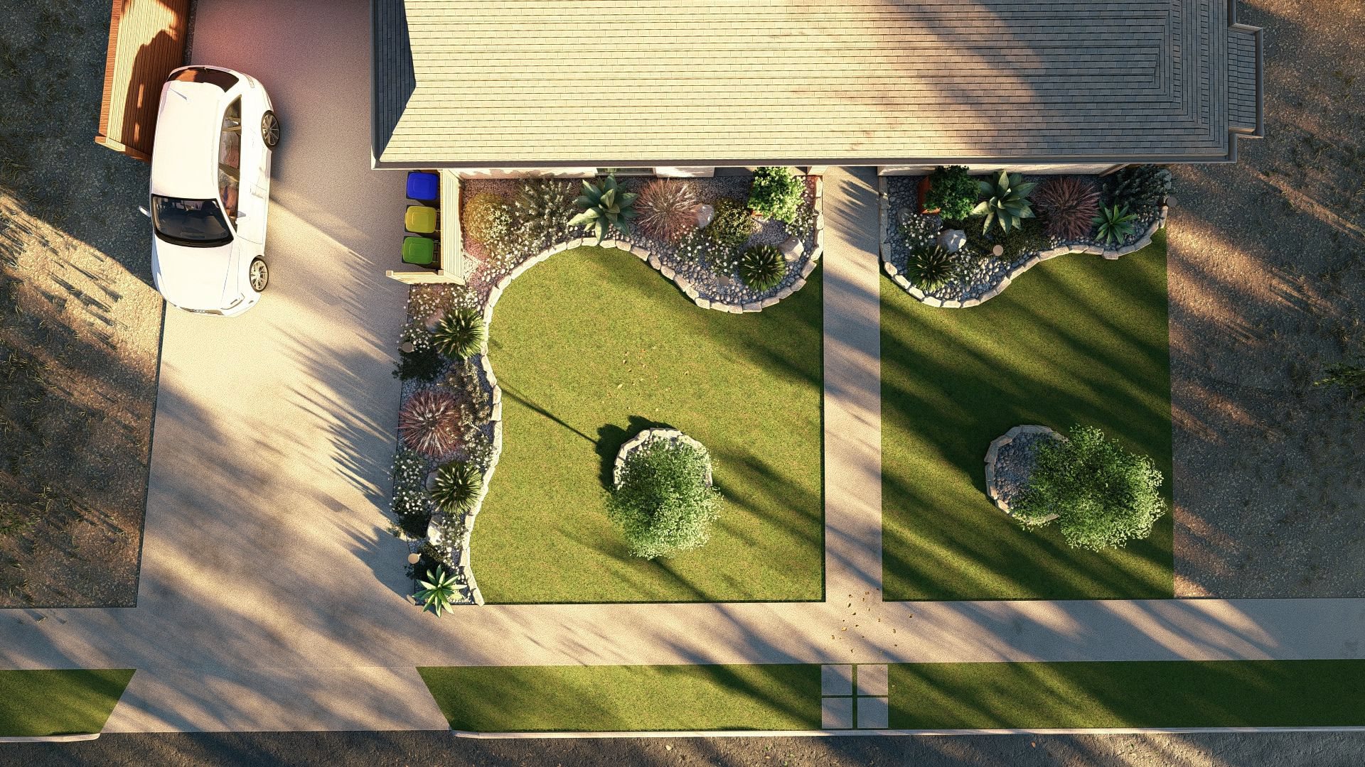 An aerial view of a house with a car parked in the driveway.