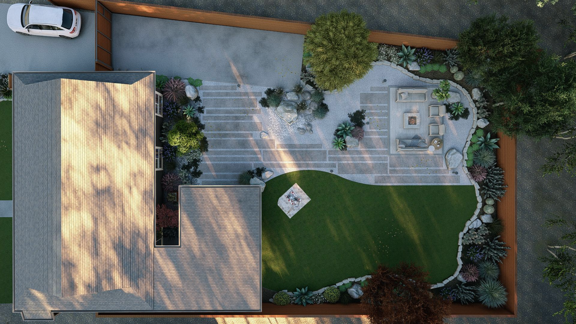 An aerial view of a playground with a house in the background.