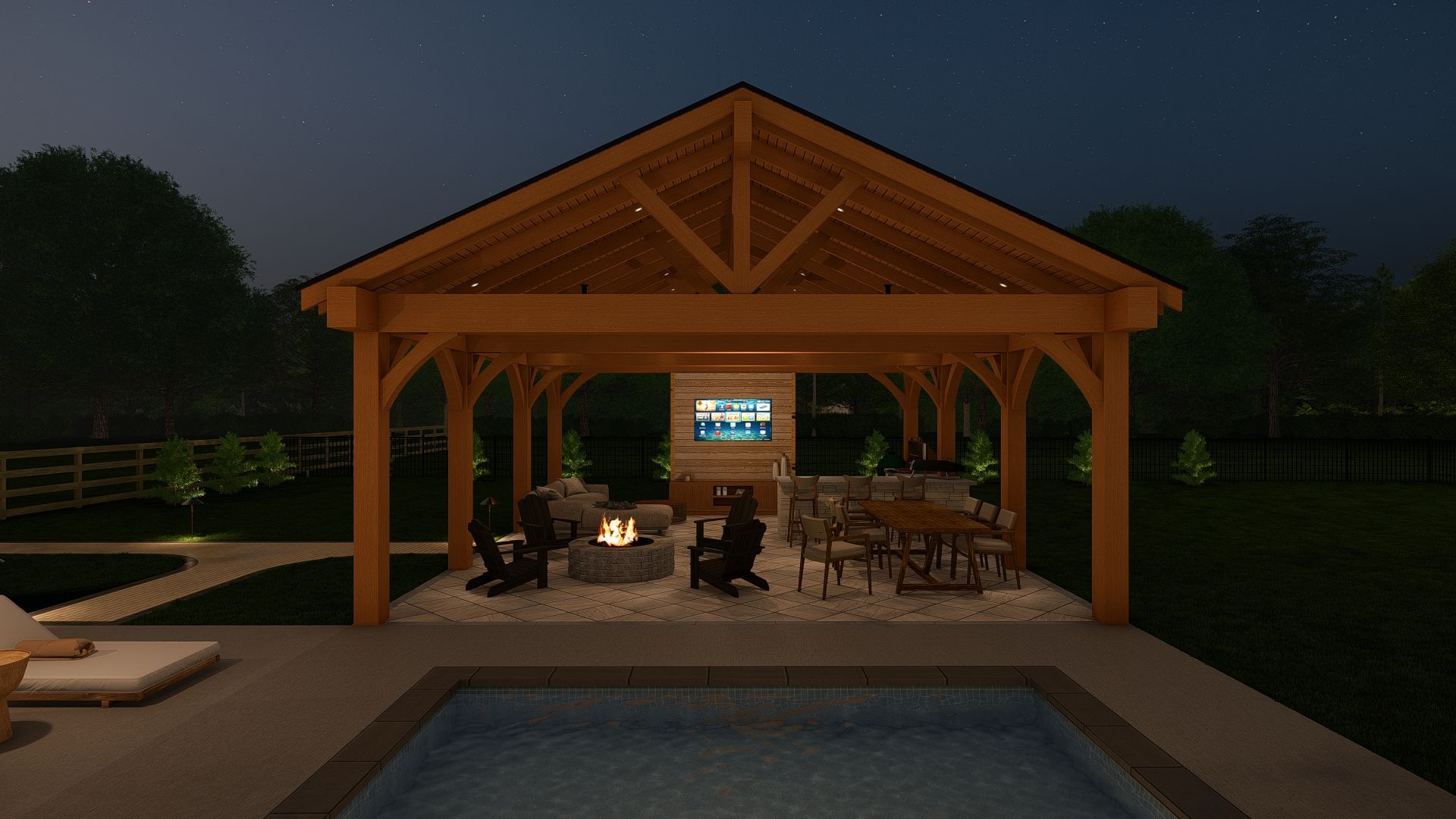 A wooden pavilion with a pool, outdoor fire pit, and dining area at night.
