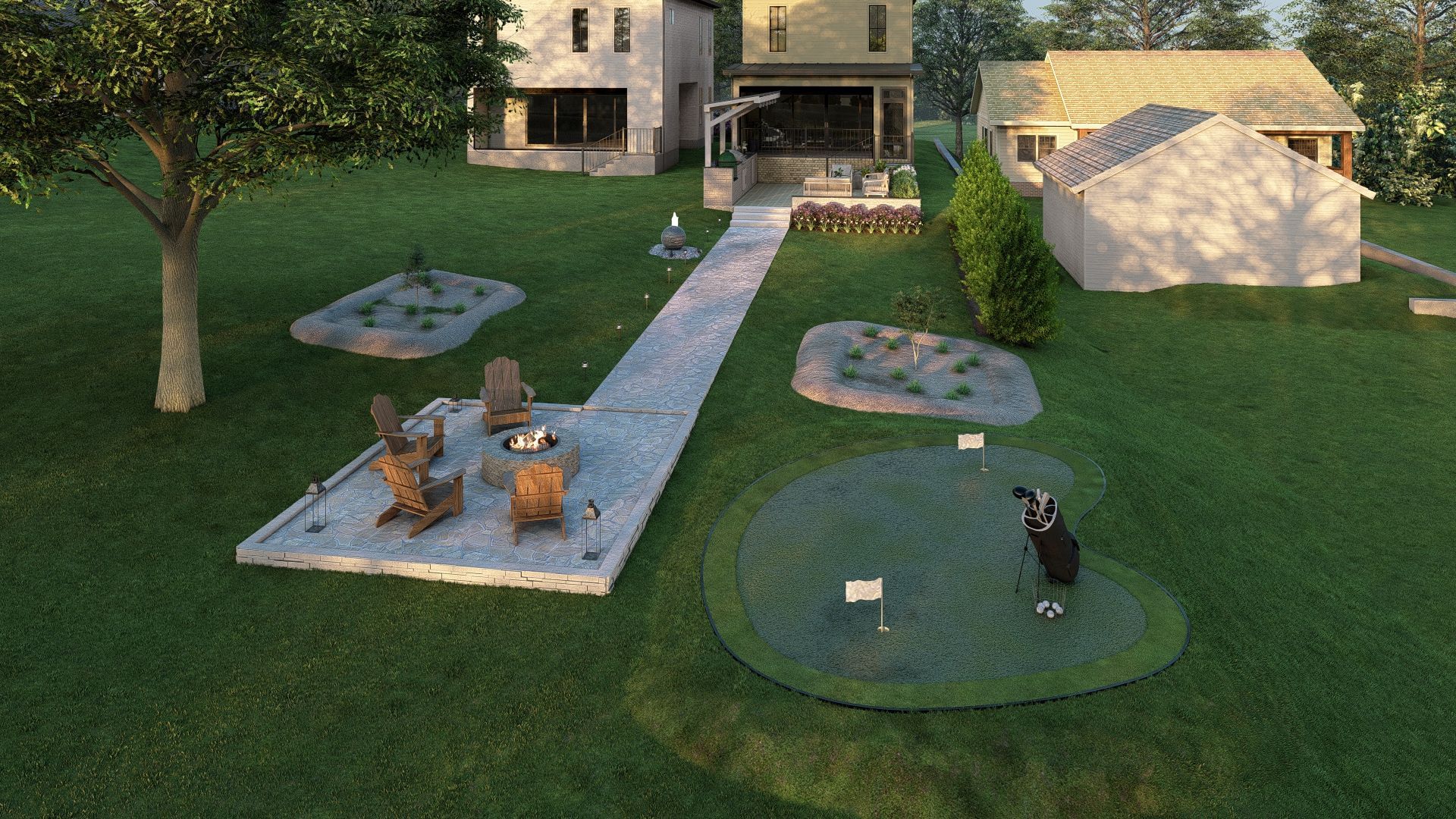A person is playing golf in a backyard with a house in the background.