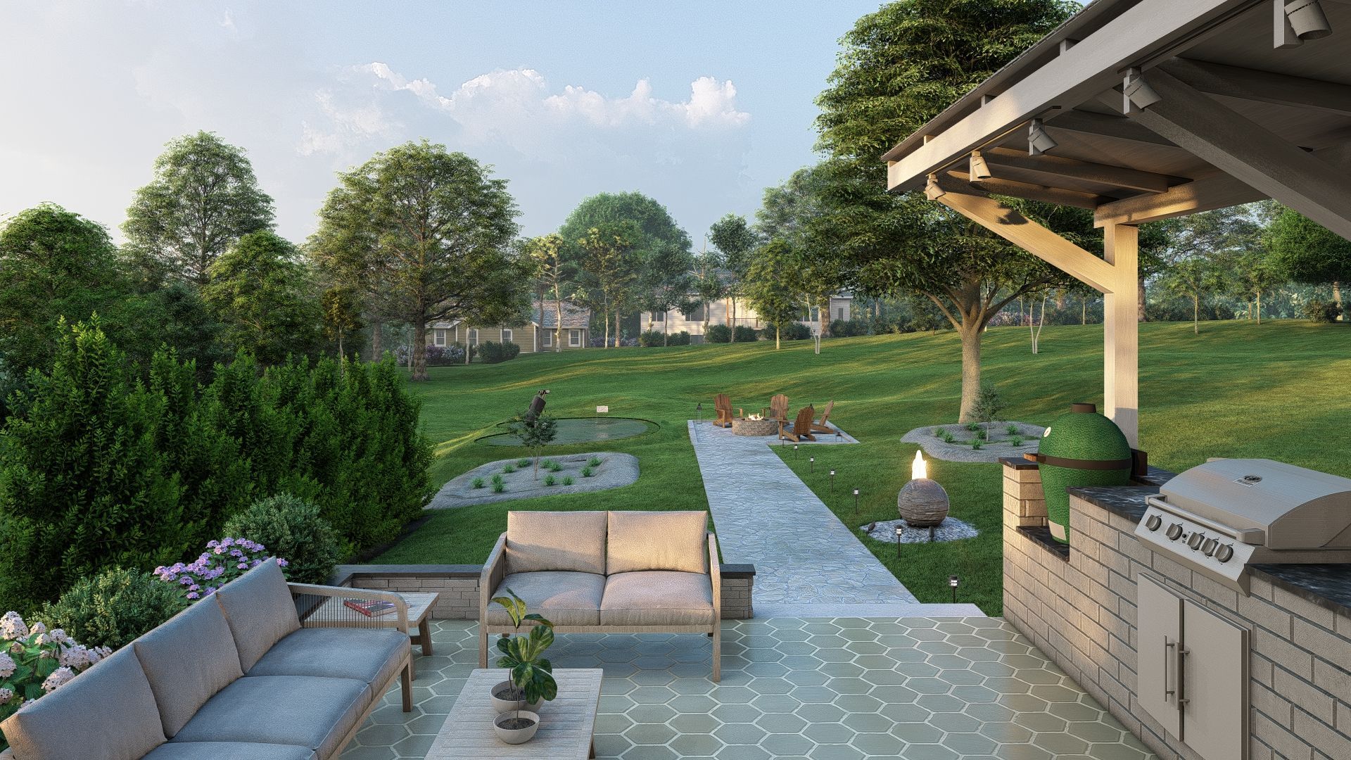 A patio with a couch , table , and grill.