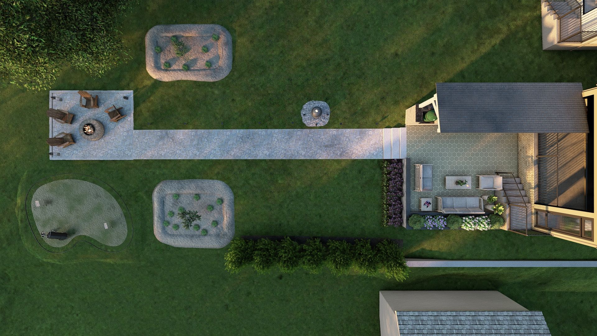A rendering of a house with a walkway leading to it.