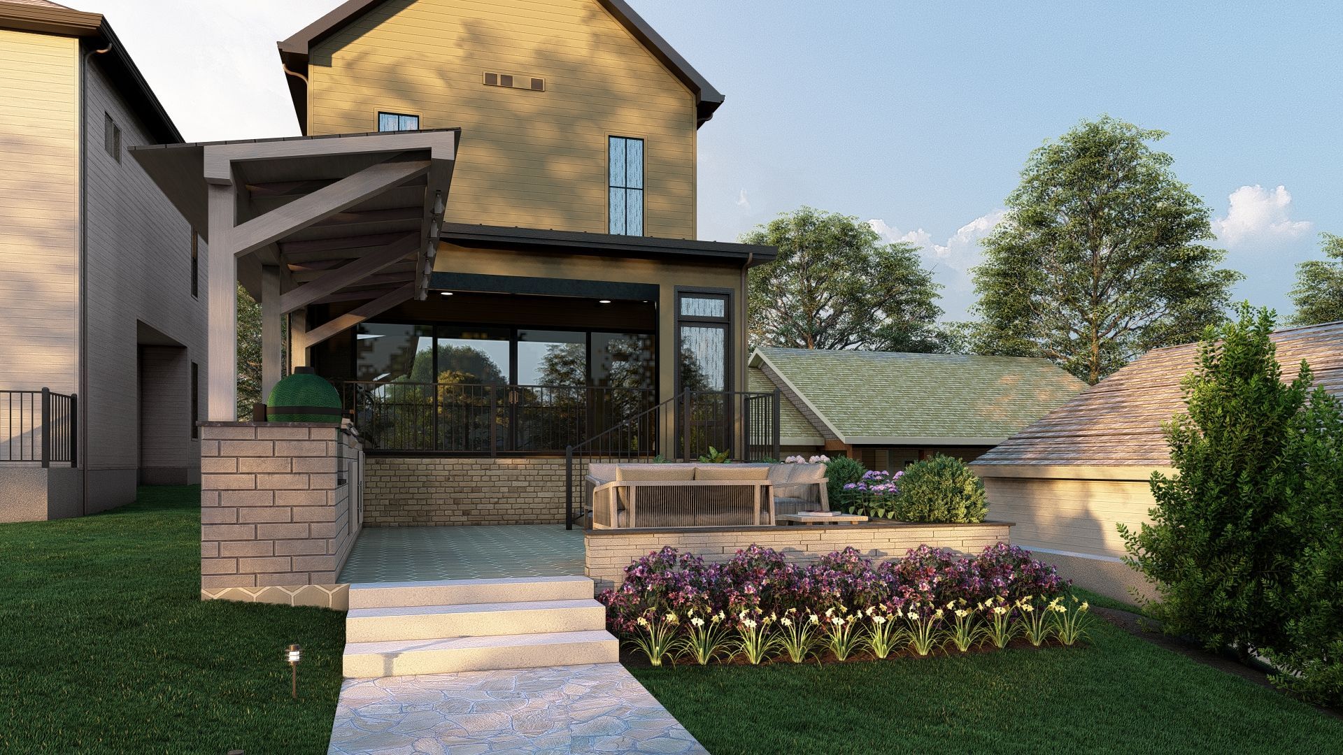 A rendering of a house with a walkway leading to it.
