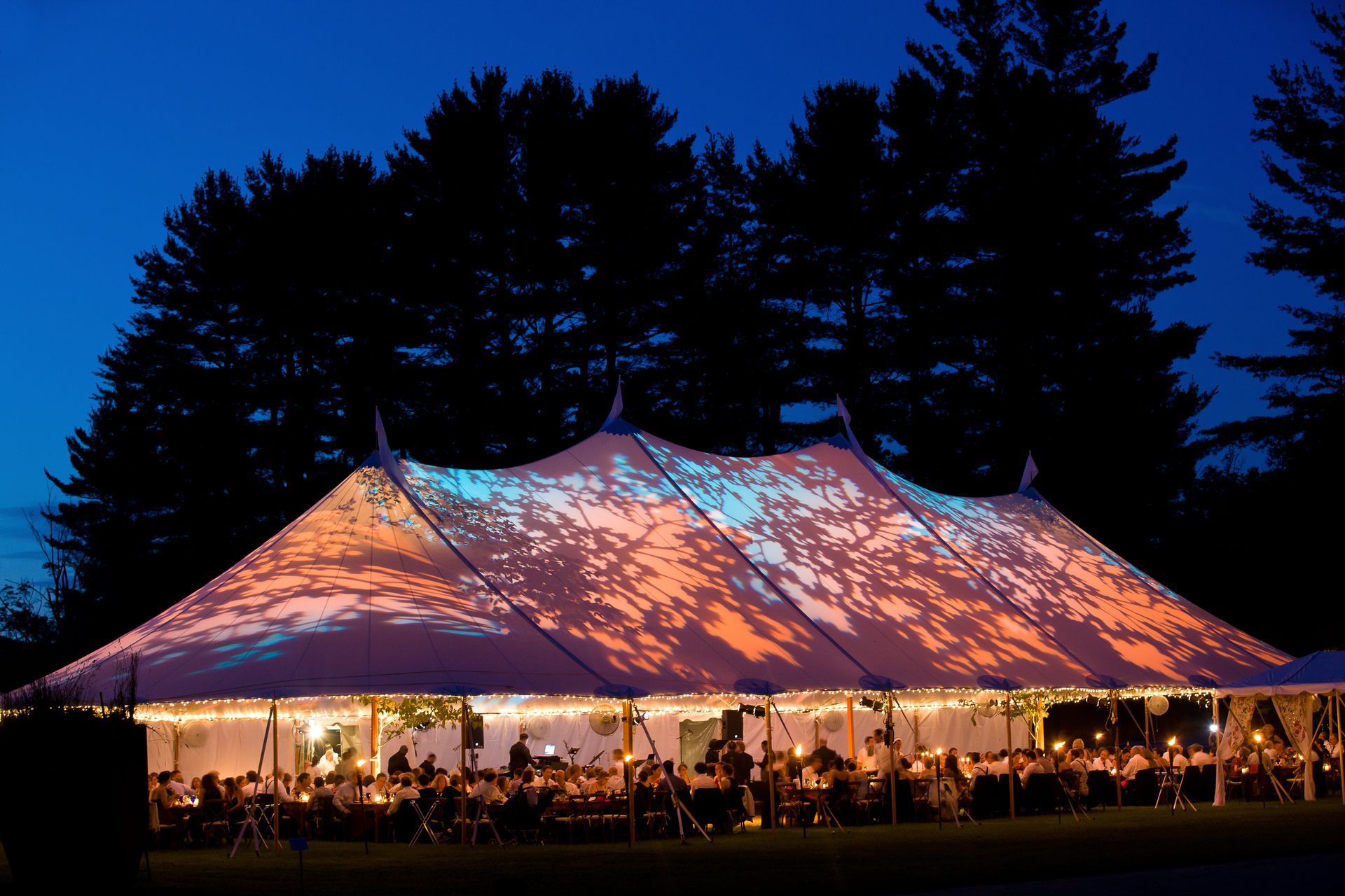 Wedding tent at night - Special event tent lit up from the inside with dark blue night time sky and trees.